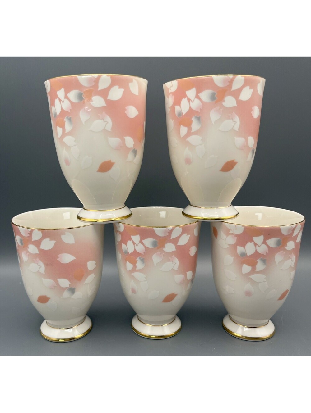 Uno Chiyo Japanese Porcelain Tea Cup Set Of 5 Sakura Cherry Blossom Gold Rim